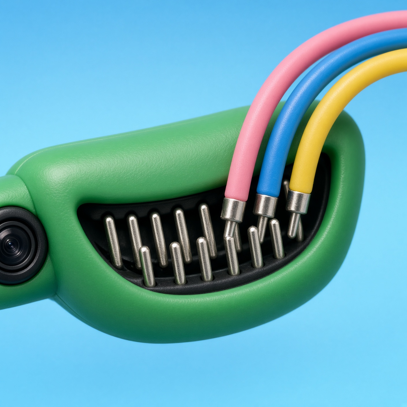 Pin mouth with pink, blue, and yellow wires